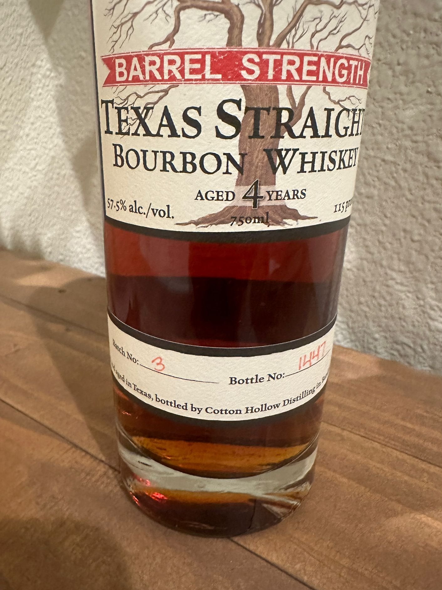 Cotton Hollow Barrel Strength 4 Year Old Batch 3 Texas Straight Bourbon Whiskey 750ml