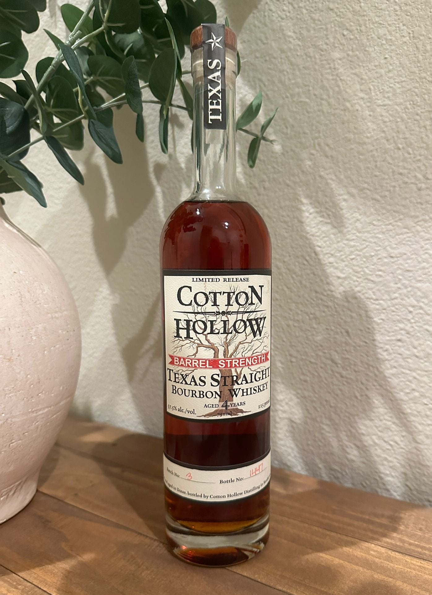 Cotton Hollow Barrel Strength 4 Year Old Batch 3 Texas Straight Bourbon Whiskey 750ml